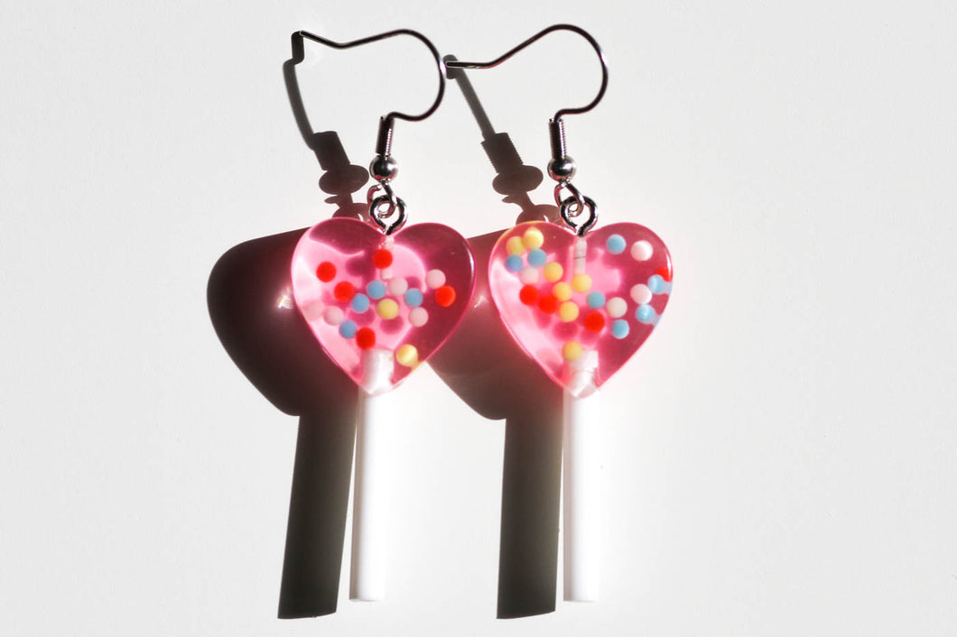 pink heart lollipop earrings