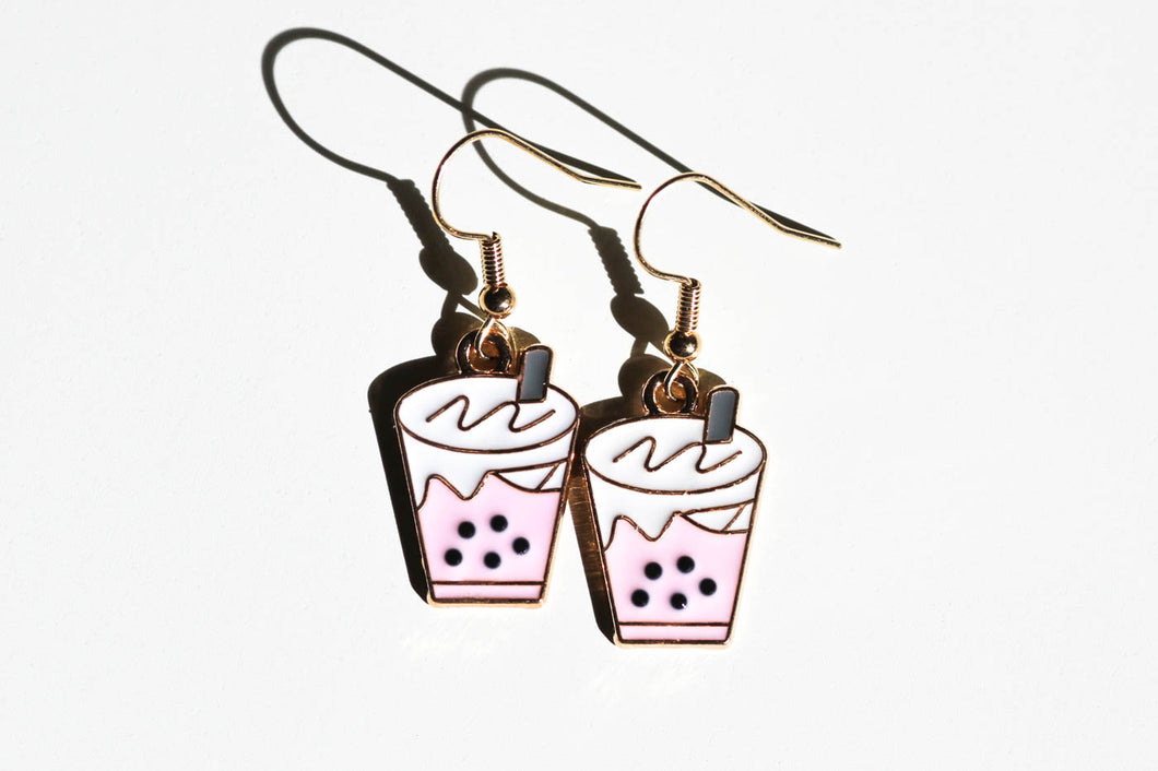 pink boba tea charm earrings
