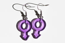 Load image into Gallery viewer, purple boy symbol clear earrings
