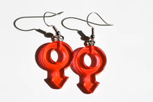 Load image into Gallery viewer, red boy symbol clear earrings
