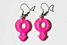 Load image into Gallery viewer, hot pink boy symbol glitter earrings
