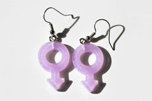 Load image into Gallery viewer, purple boy symbol glitter earrings
