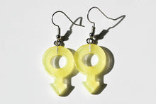 Load image into Gallery viewer, yellow boy symbol glitter earrings
