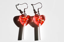 Load image into Gallery viewer, red heart lollipop earrings
