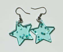 Load image into Gallery viewer, blue glitter star earrings
