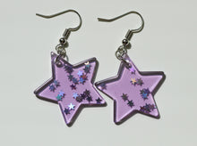 Load image into Gallery viewer, purple glitter star earrings
