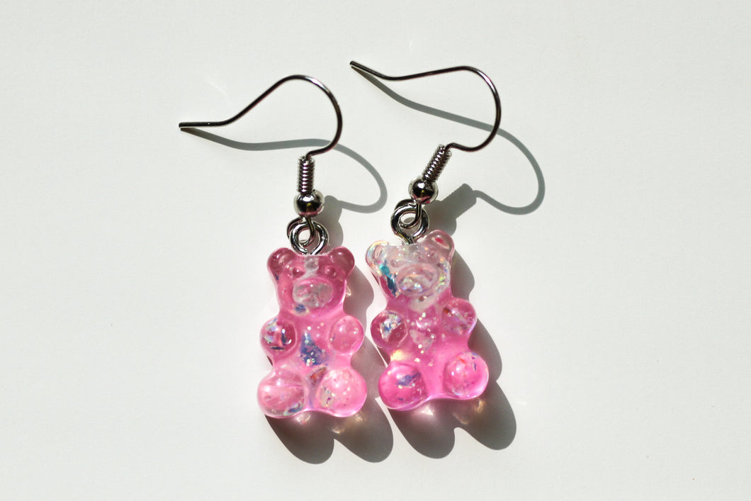 pink glitter gummy bear earrings